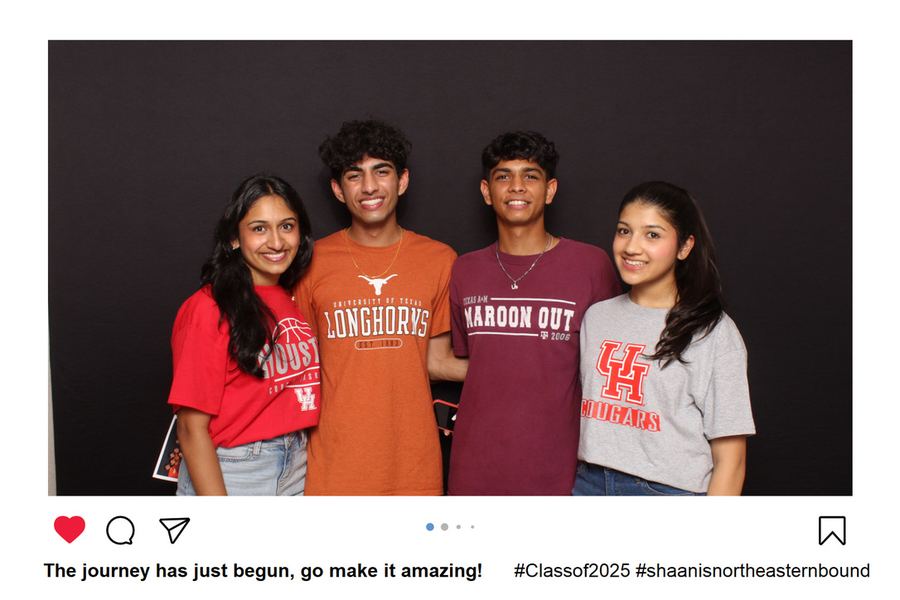Students photographed together at a school event, framed in a shareable social-media style overlay.