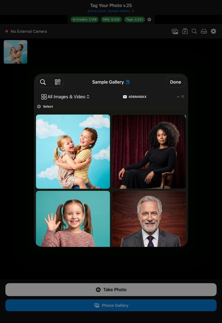 The Tag Your Photo app on an iPad, showing an event gallery of photos with a filter for images and video.