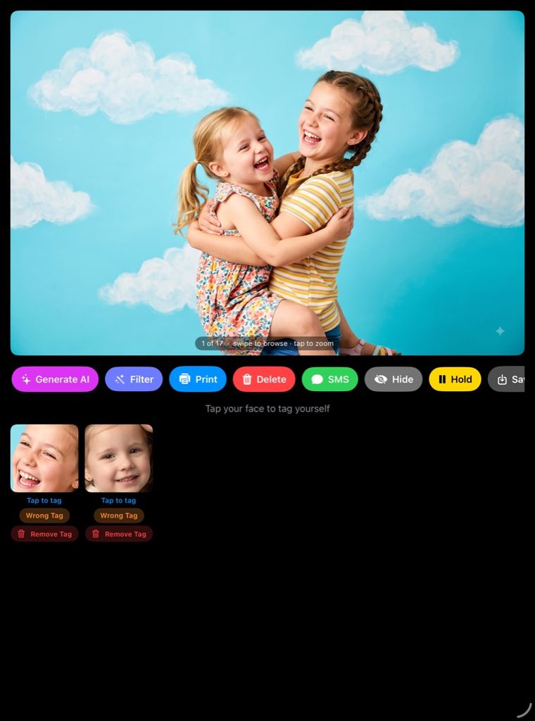A single photo open in the app with Generate AI, Filter, Print, Delete, SMS, Hide, Hold and Save actions, and detected faces below.