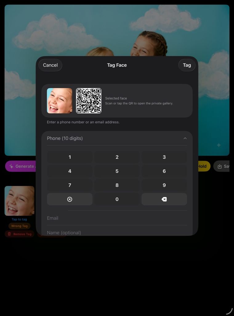 The Tag Face panel, showing a detected face, a QR code to that guest's private gallery, and fields for a phone number or email.