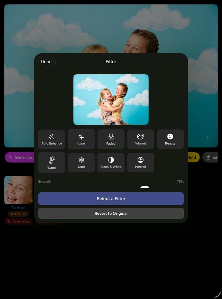The filter panel offering Auto Enhance, Glam, Faded, Vibrant, Beauty, Warm, Cool, Black & White and Portrait with a strength slider.