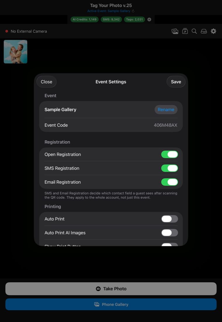 Per-event settings in the app, showing the event code and toggles for open registration, SMS and email registration, and printing.
